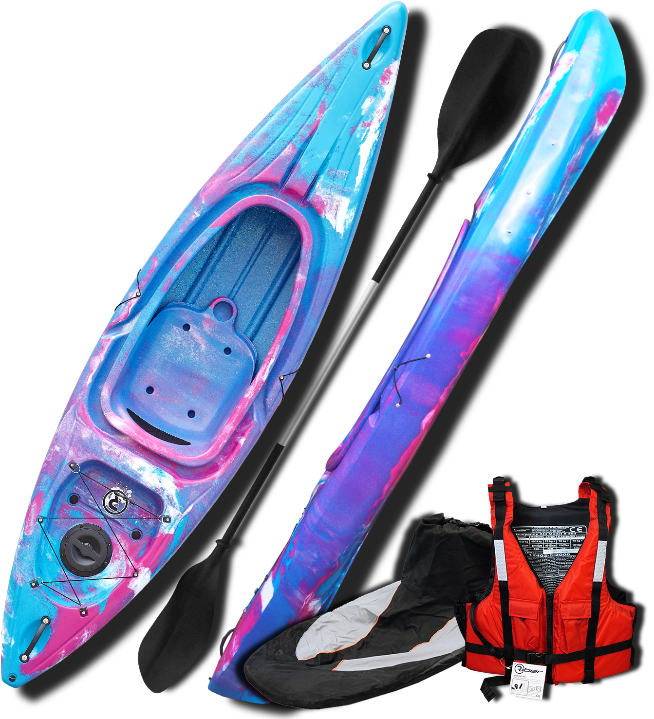 Imagen del equipamiento completo para kayak proporcionado por Kayak Tours Dénia, incluyendo chalecos salvavidas, remos y kayaks en Dénia.